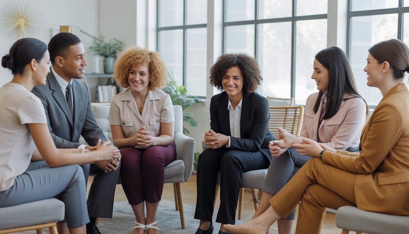 A diverse group of therapists having a supportive discussion in a bright, comfortable therapy office.