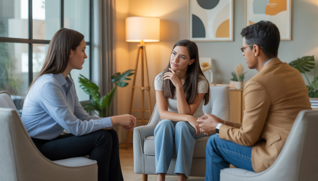 A group of therapists talking with a young woman in a comfortable counseling office.