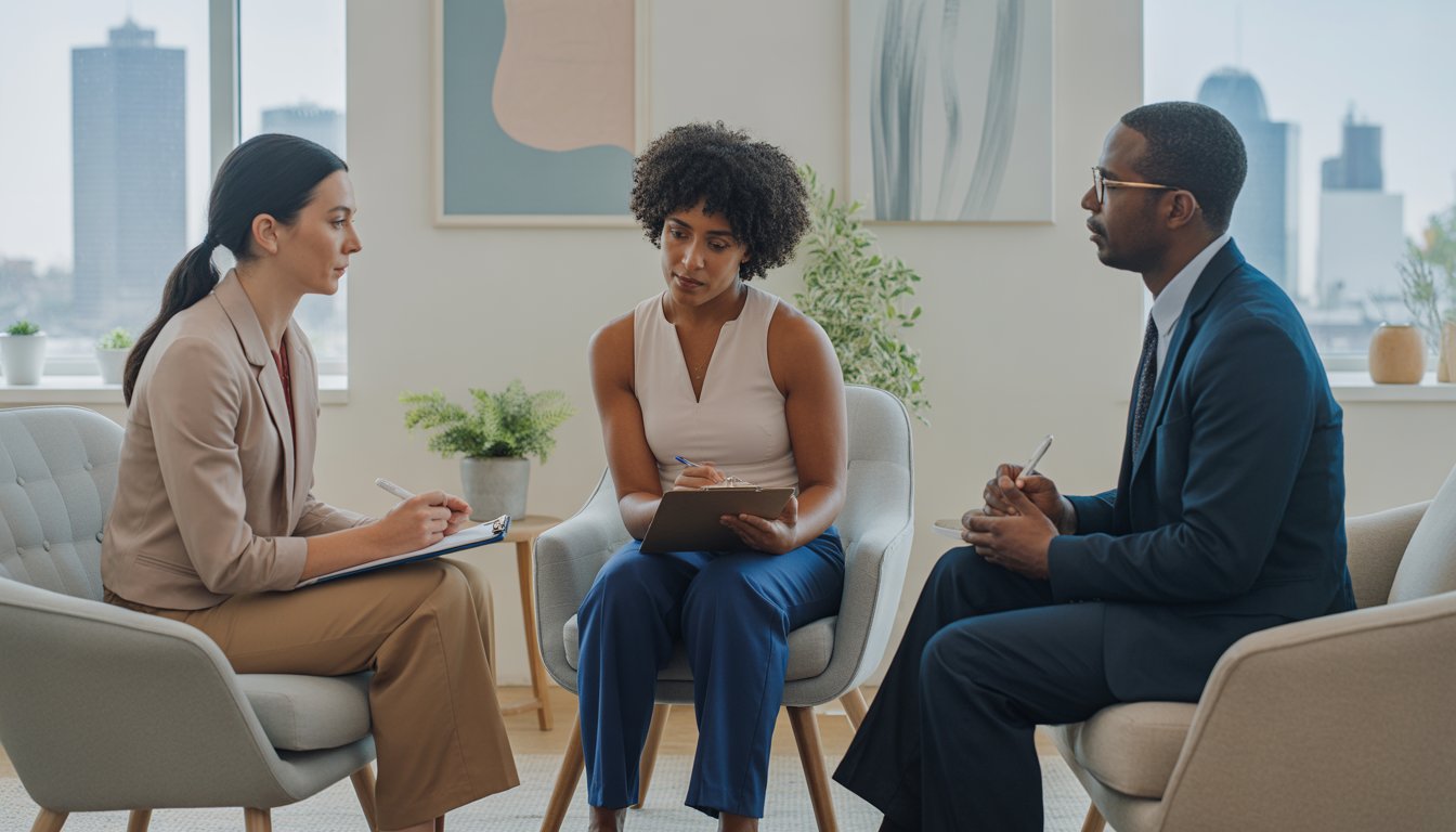 Three therapists of diverse backgrounds talking in a bright counseling office with a city skyline visible through the window.