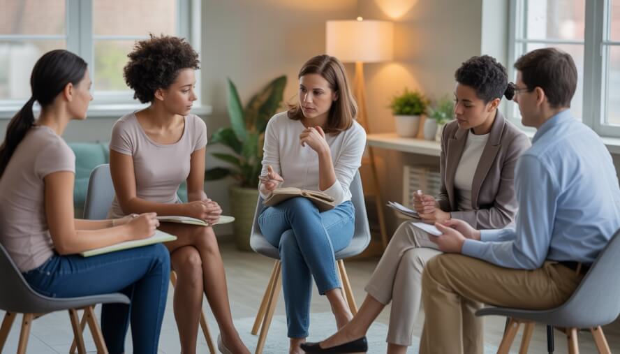 A diverse group of adults sitting in a circle in a therapy room, engaged in a supportive group discussion with a female therapist.