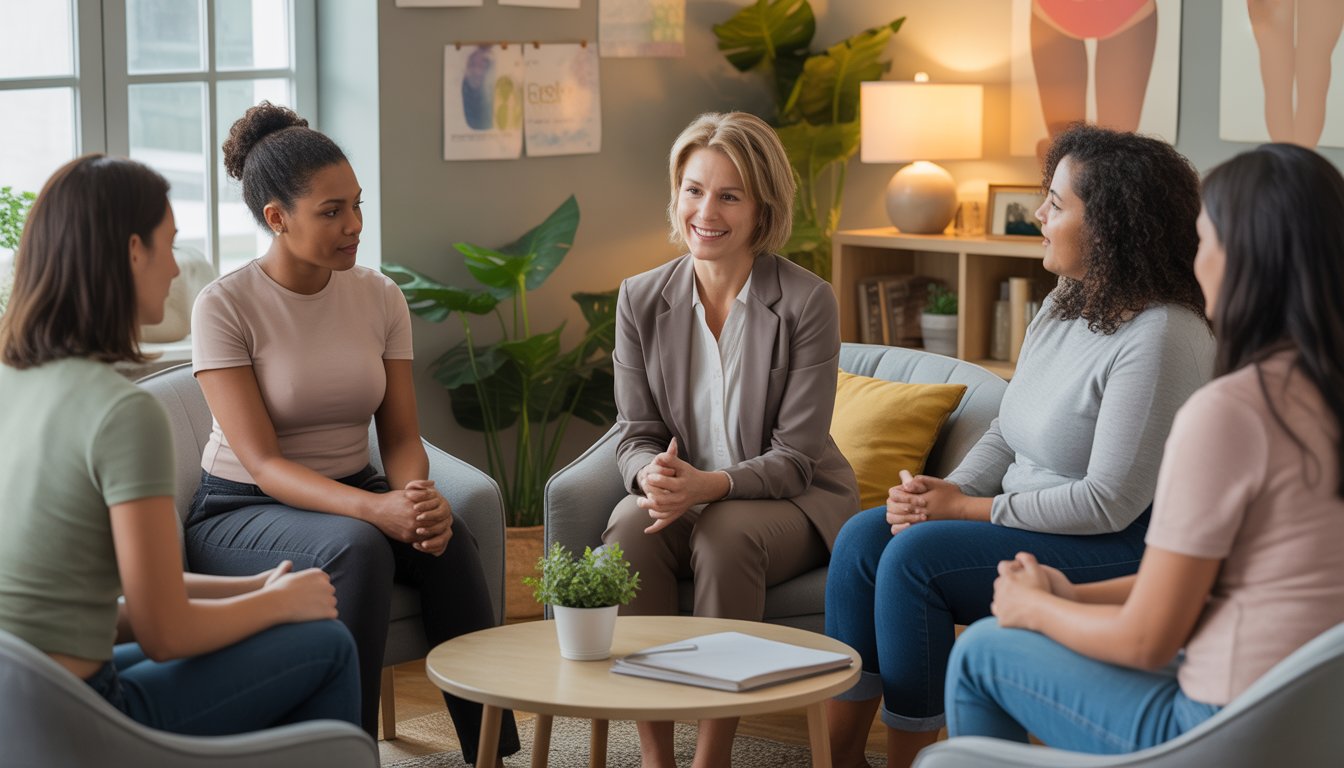 A therapist and diverse clients in a cozy counseling office having a supportive conversation about body image.