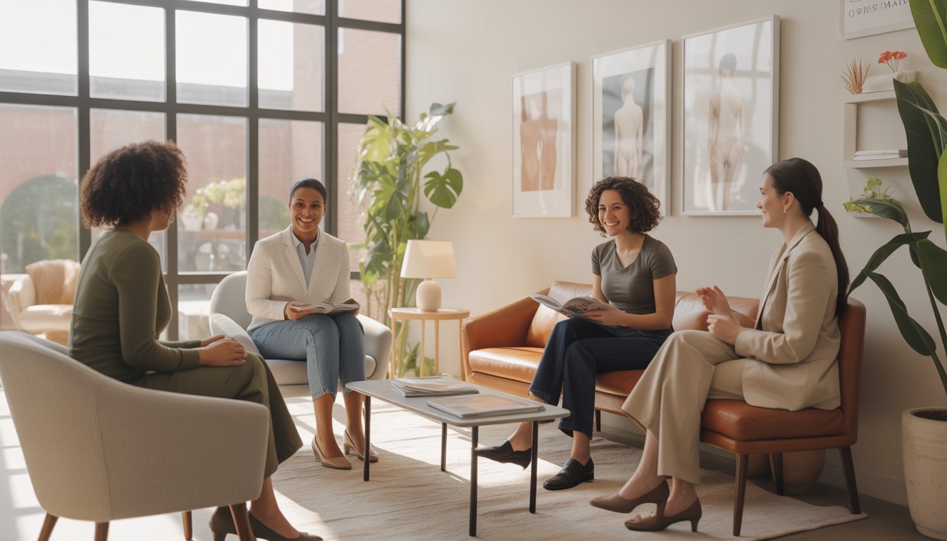 A therapy center reception area with therapists talking to a client in a bright, comfortable room.