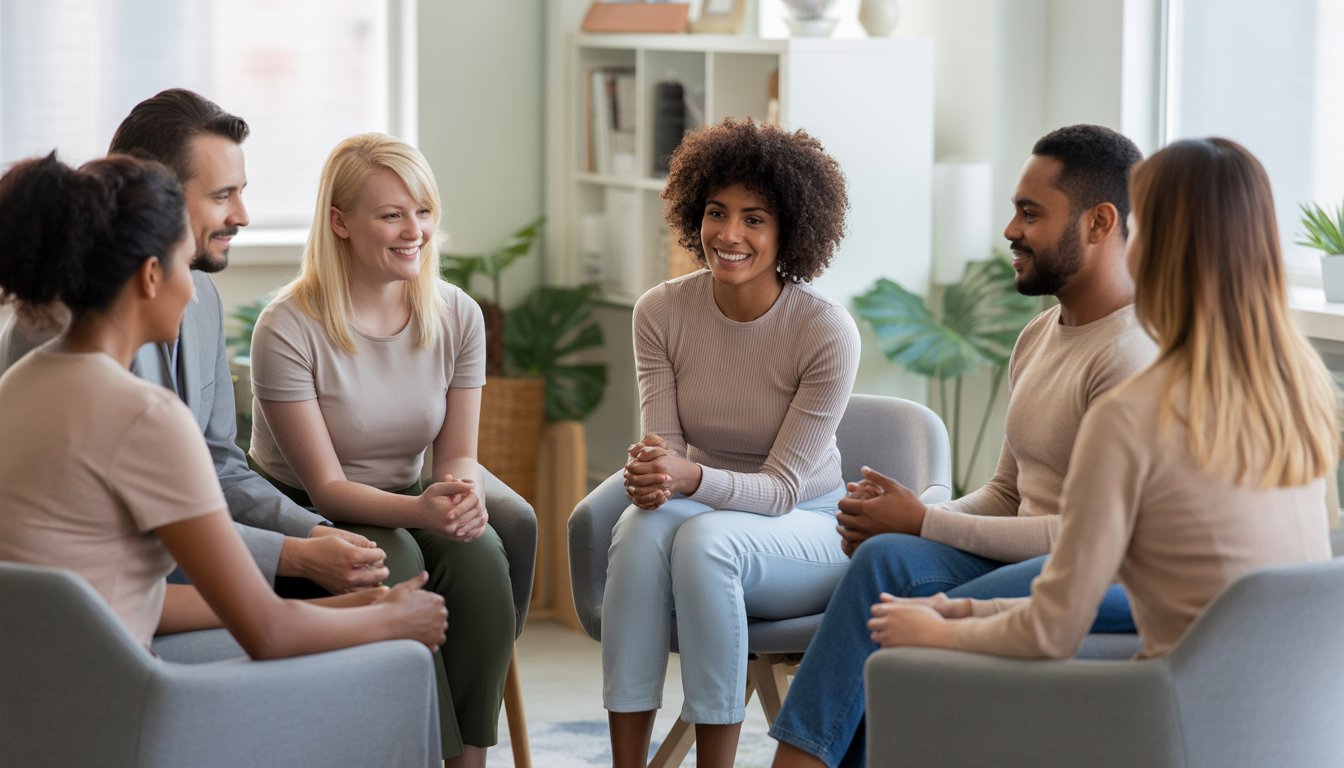 A group of diverse adults in a supportive therapy session with a professional therapist in a bright, comfortable room.