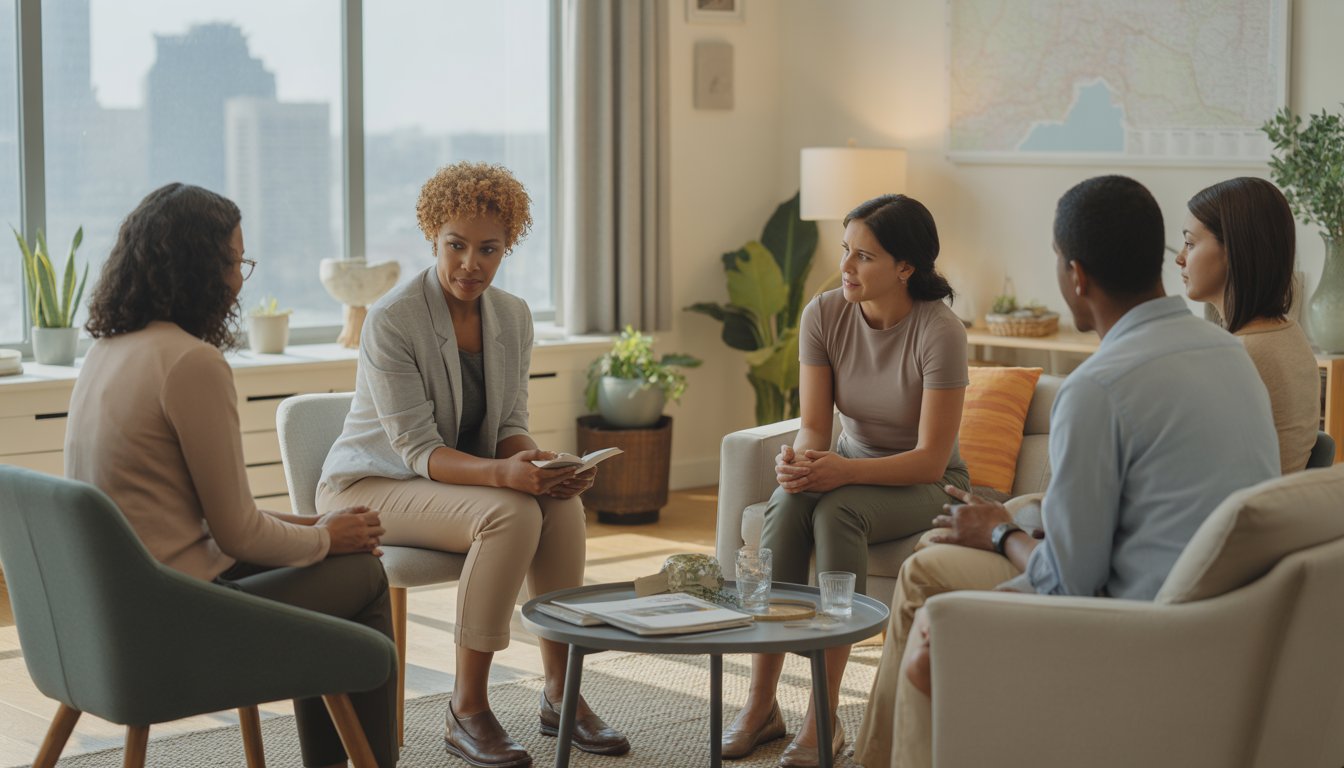 A therapist attentively listening to a client in a bright therapy office with large windows and calming decor.