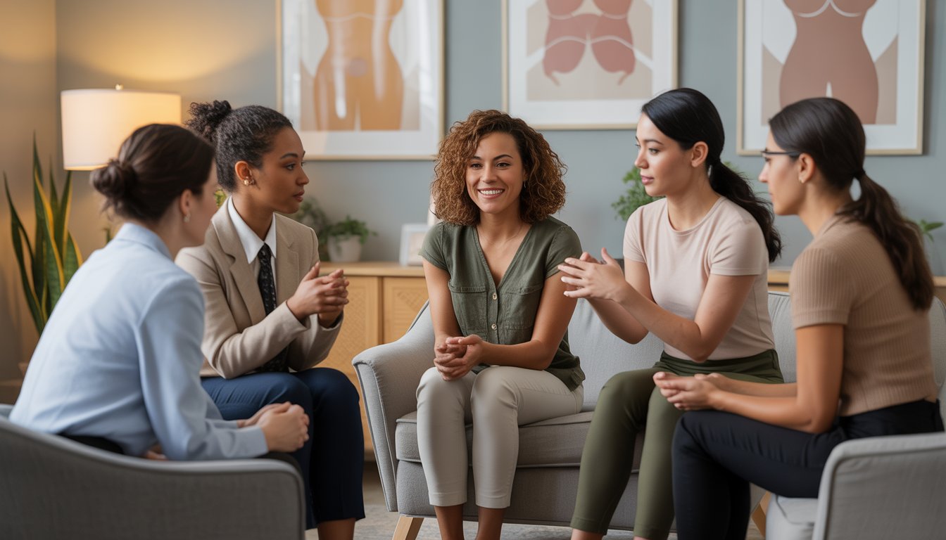 A diverse group of therapists in a warm, modern office engaged in a supportive discussion.