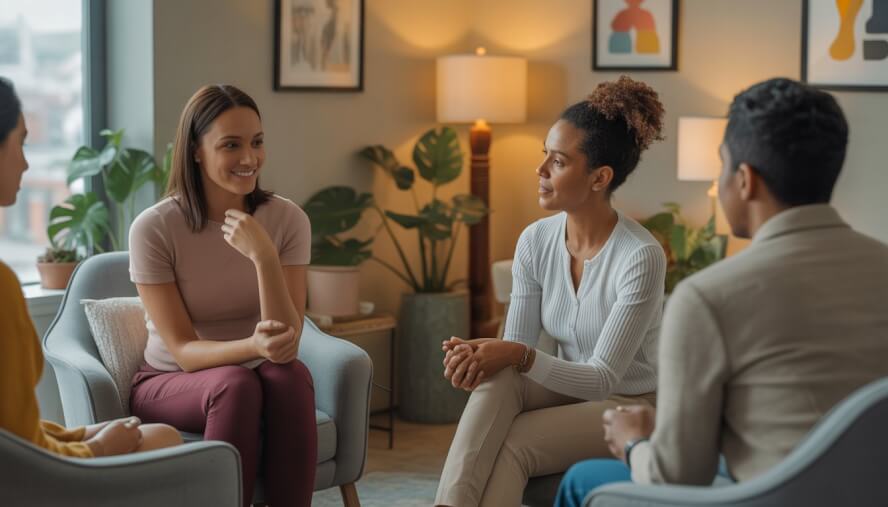 A therapist attentively listening to a young adult client in a comfortable therapy office with a window showing Baltimore city in the background.