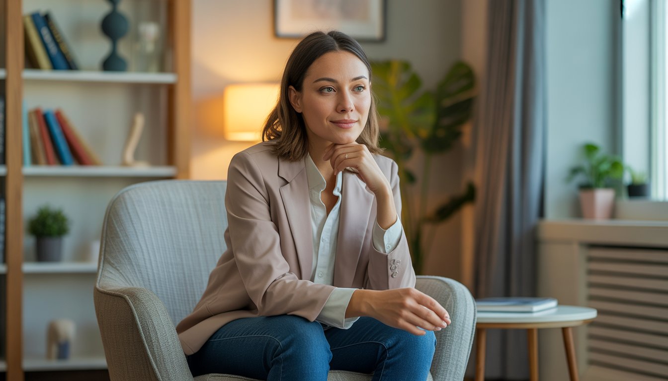 A female therapist sitting in a comfortable chair in a warmly lit counseling office with bookshelves and a plant in the background.
