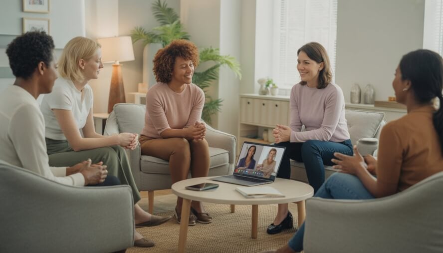 A therapist and diverse clients engaged in a supportive discussion in a bright, comfortable therapy office with a laptop showing a video call.