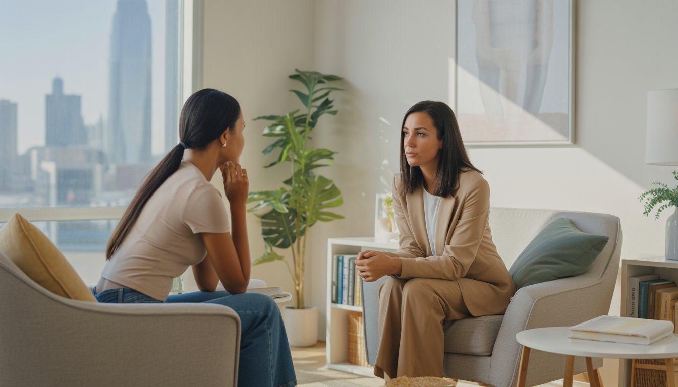 A female therapist attentively listening to a client in a bright, modern therapy office with a window view of an urban skyline.