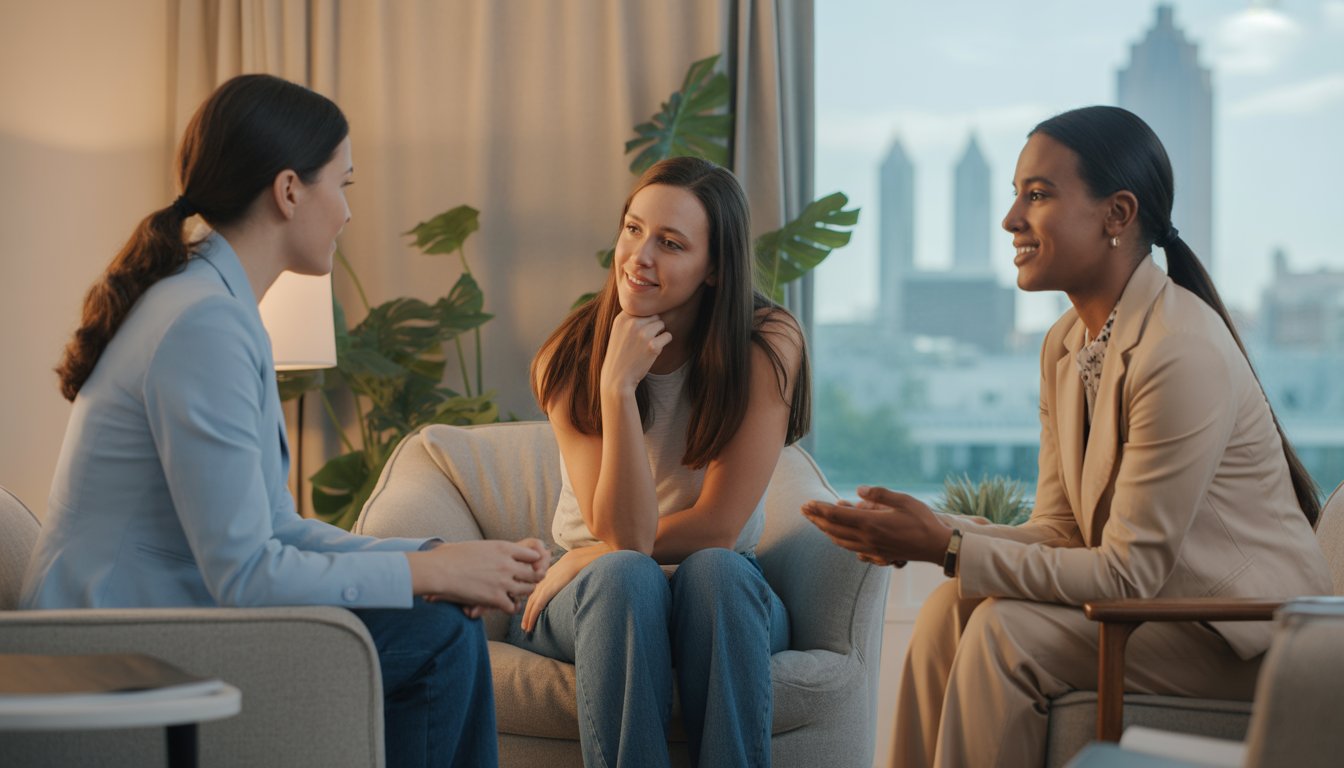 Two therapists and a client having a supportive conversation in a bright, modern therapy office with a city view in the background.