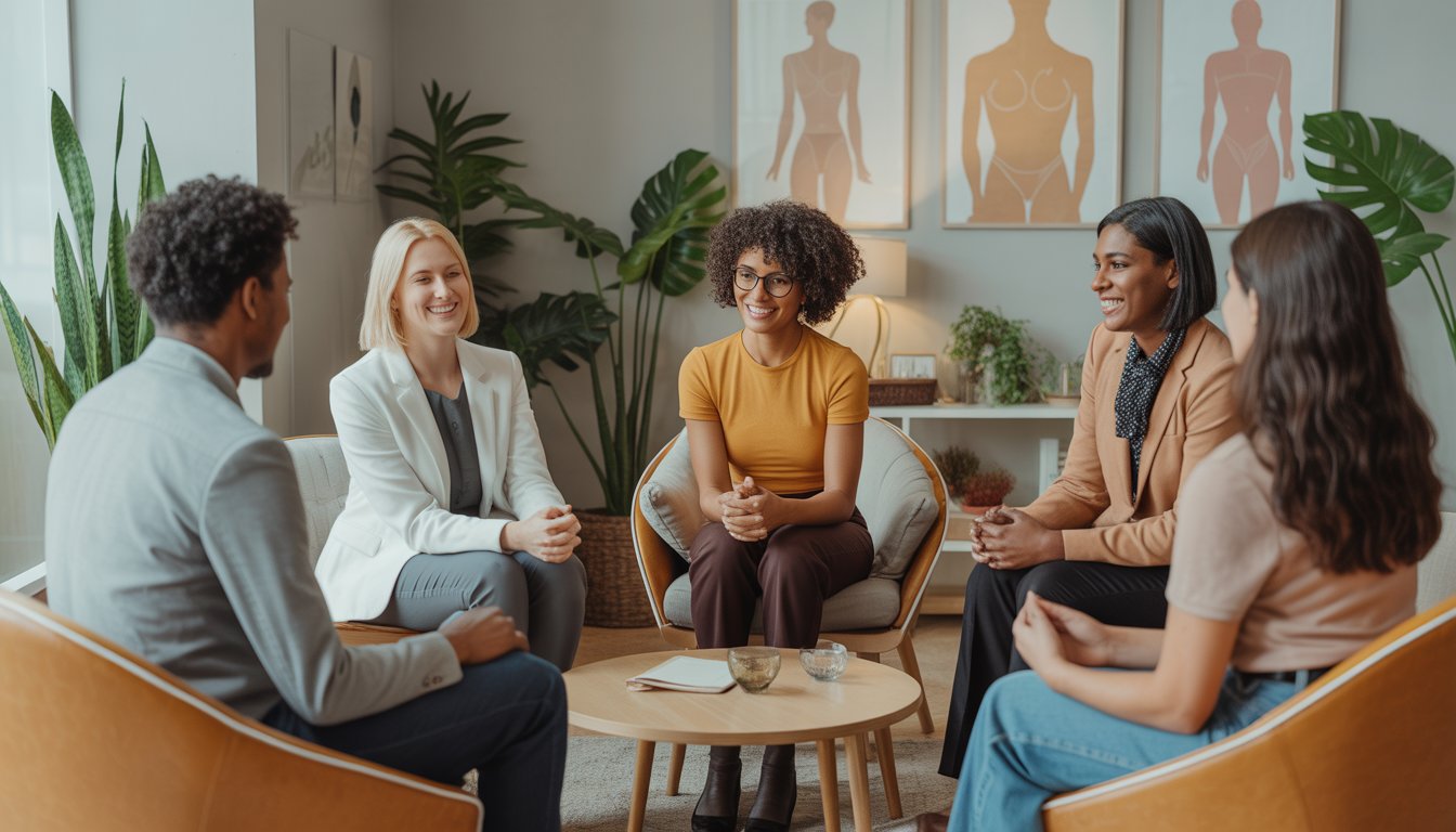 A diverse group of therapists and clients in a bright, welcoming therapy center engaged in supportive conversation.