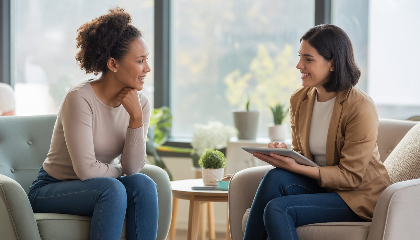 A therapist and client sitting in a bright, comfortable office having a friendly and supportive conversation.