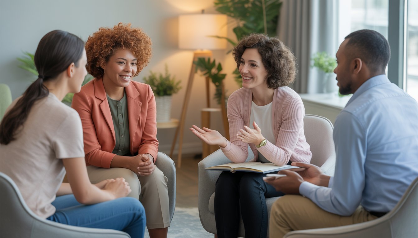 Therapists and a young adult client engaged in a supportive conversation in a bright, comfortable therapy office.