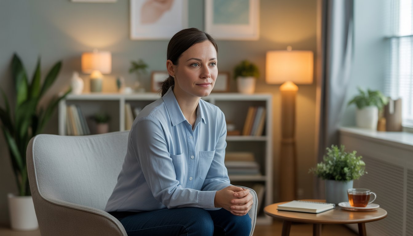 A female therapist sitting in a cozy, well-lit office with calming decor, looking compassionate and attentive.