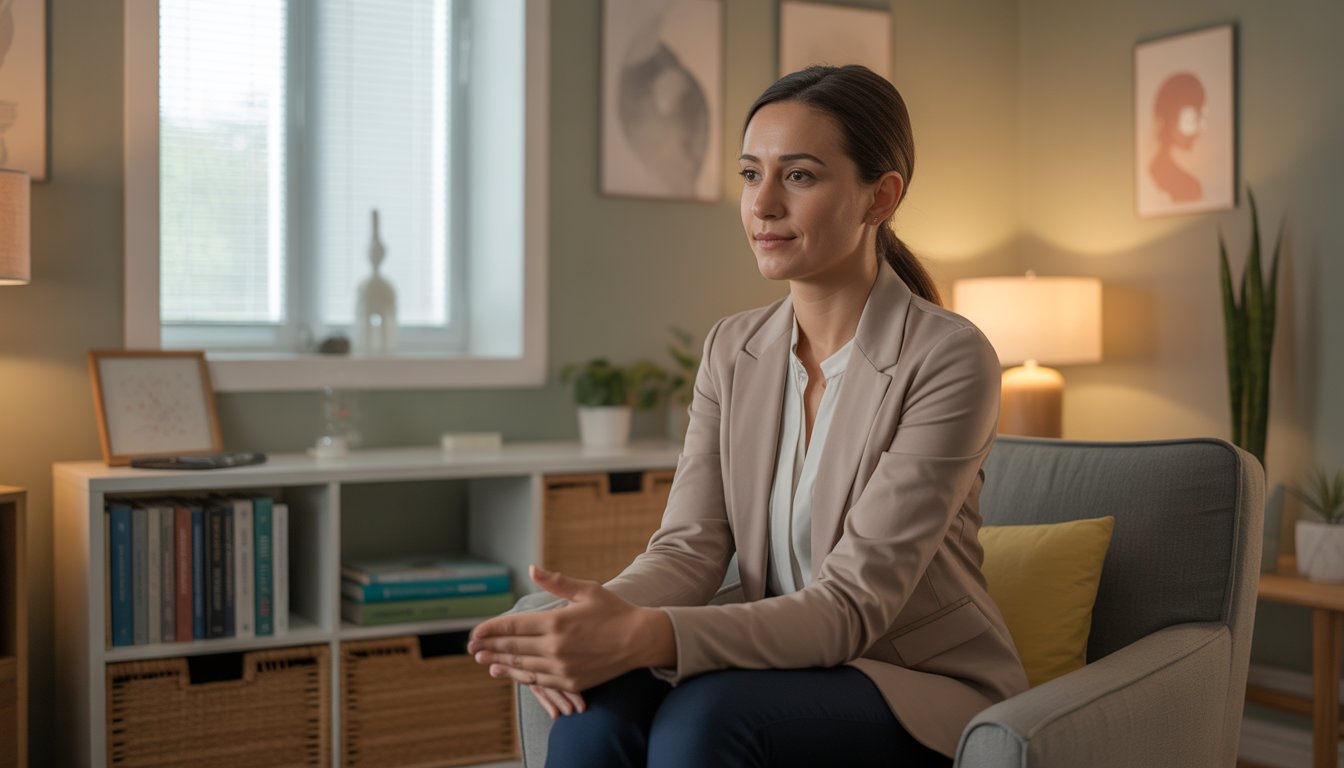 A female therapist sitting in a comfortable office, looking calm and empathetic.