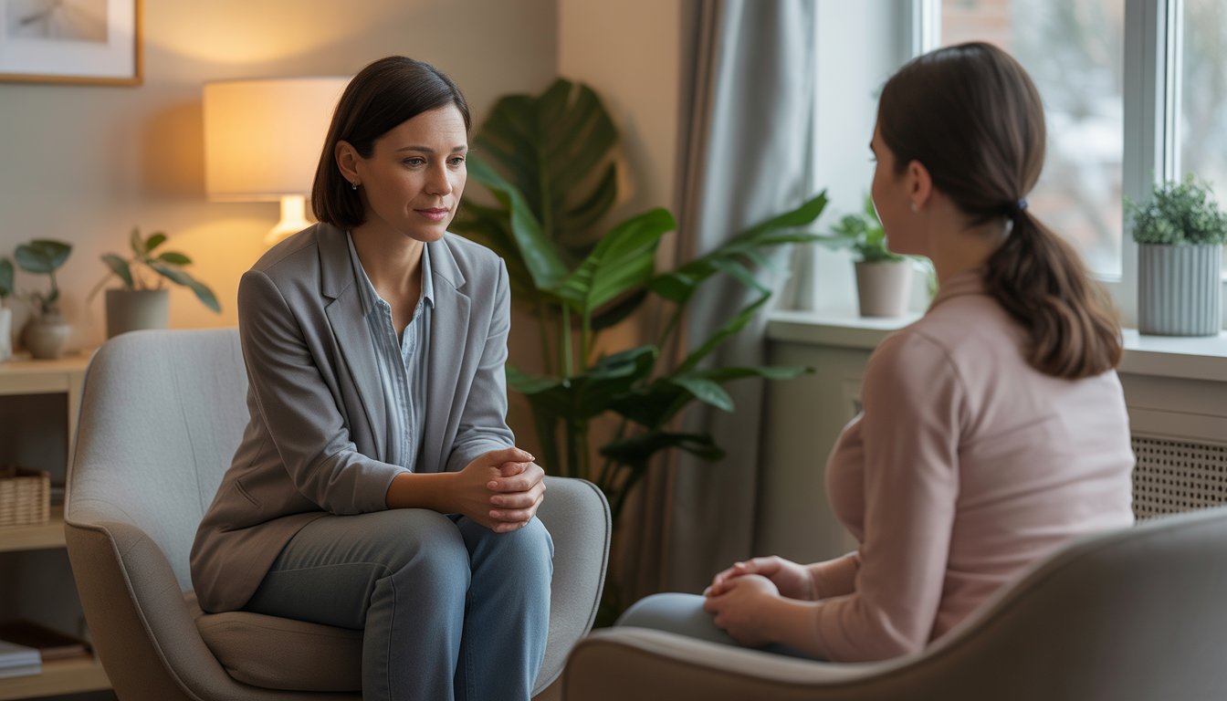 A female therapist attentively listening to a woman in a counseling office with warm lighting and a comforting atmosphere.