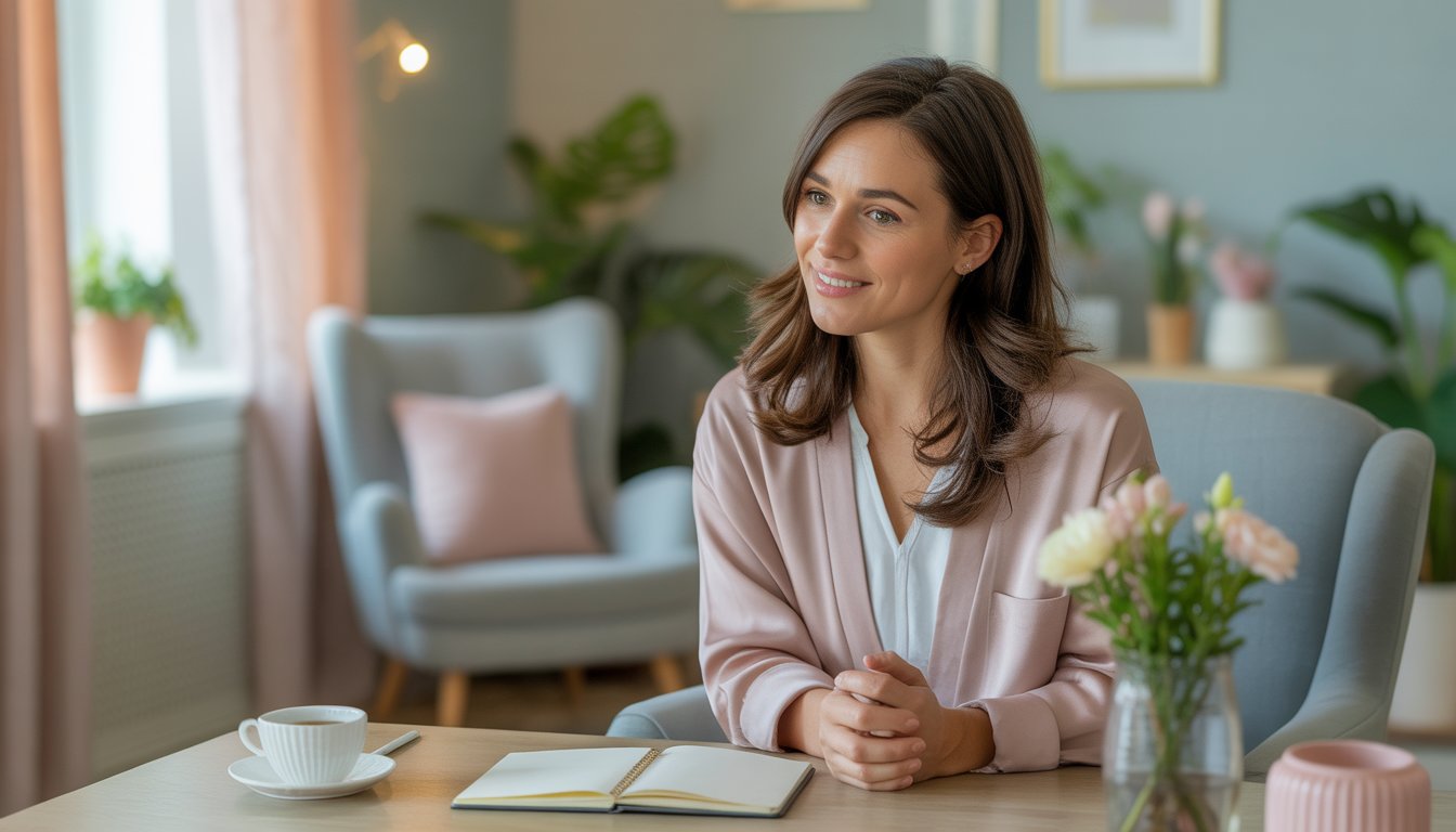 A compassionate female therapist sitting in a cozy office with soft lighting, plants, and a cup of tea, creating a warm and supportive environment.