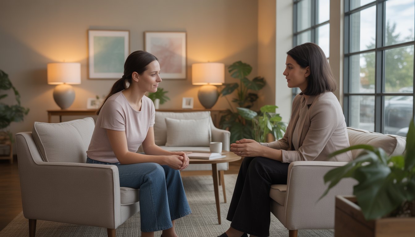 A therapist attentively speaking with a client in a calm, softly lit therapy office.
