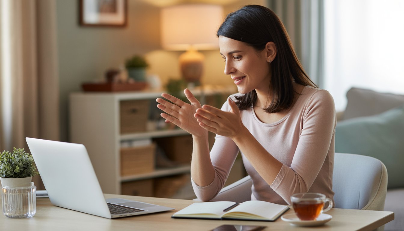 A female therapist in a home office speaking empathetically during a video call on a laptop.