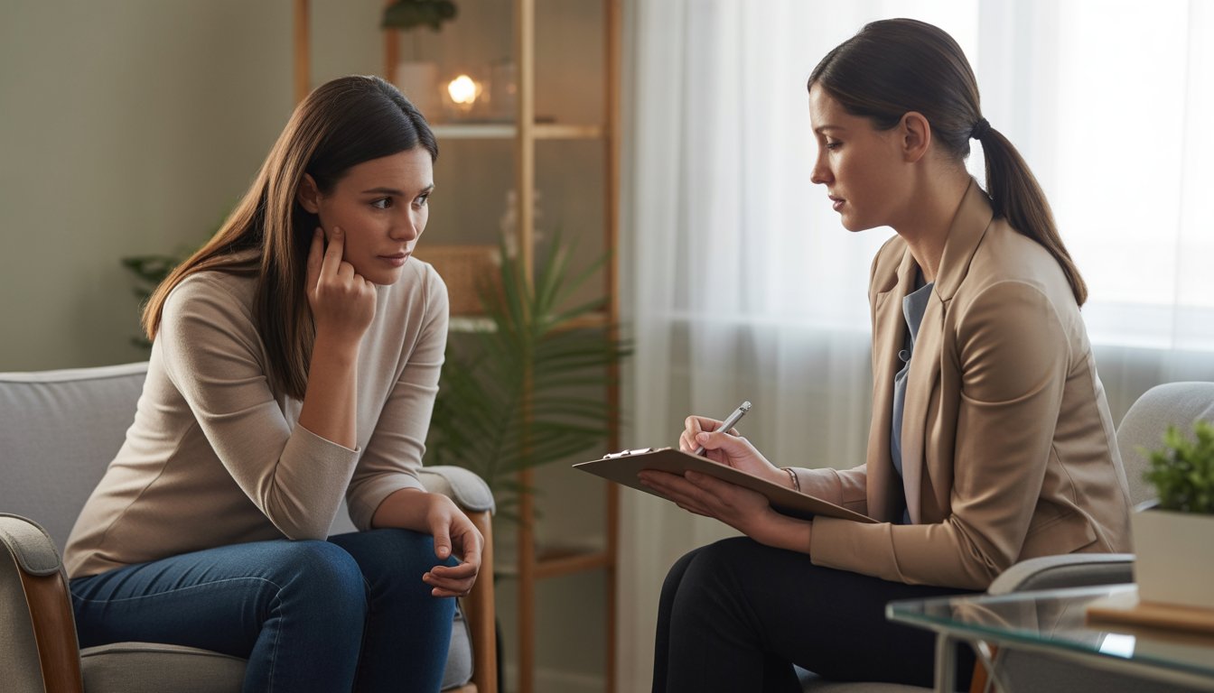 A female therapist attentively listening to a woman client in a calm therapy office, providing emotional support.