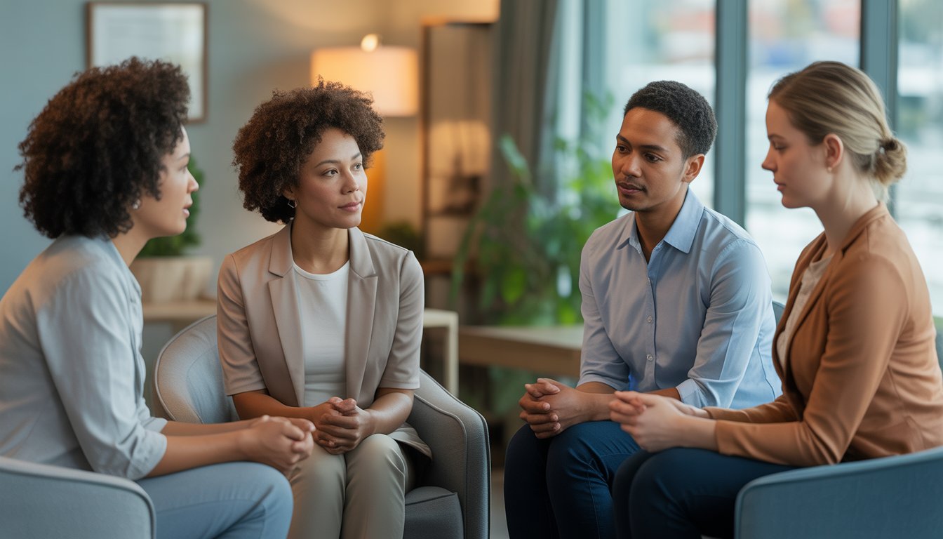 A diverse group of clinicians of color in a warm therapy office, engaged in a supportive conversation.