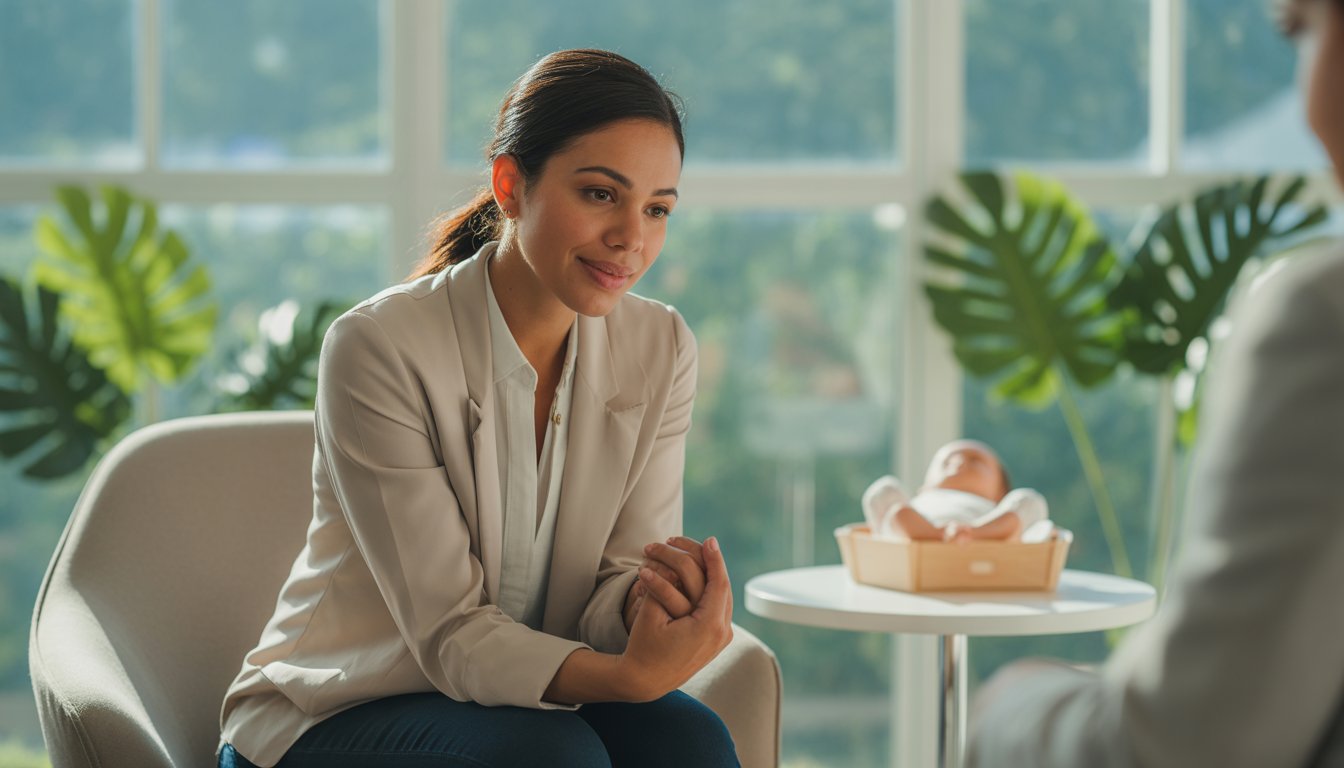 A female therapist sitting in a bright office, listening attentively and smiling gently.