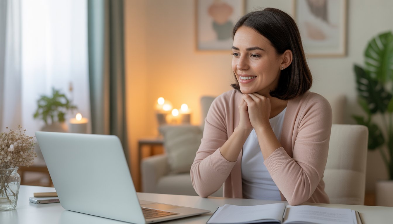 A female therapist conducting an online therapy session in a bright, comfortable home office.
