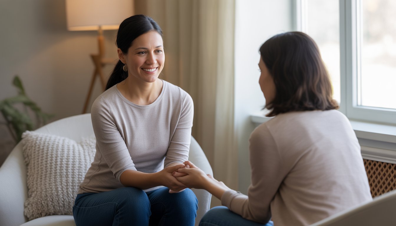 A female psychologist attentively speaking with a woman in a calm therapy office.