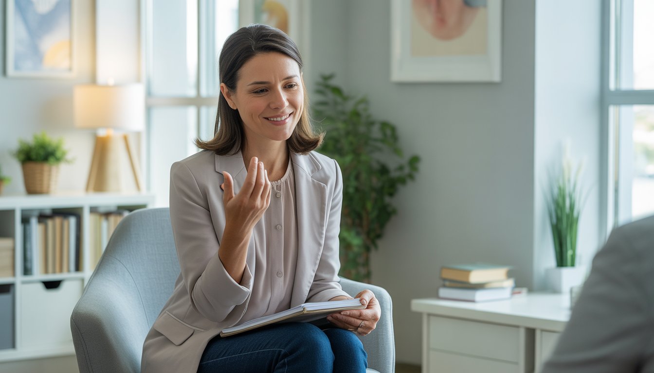 A female therapist sitting in a bright counseling office, engaged in a caring conversation.