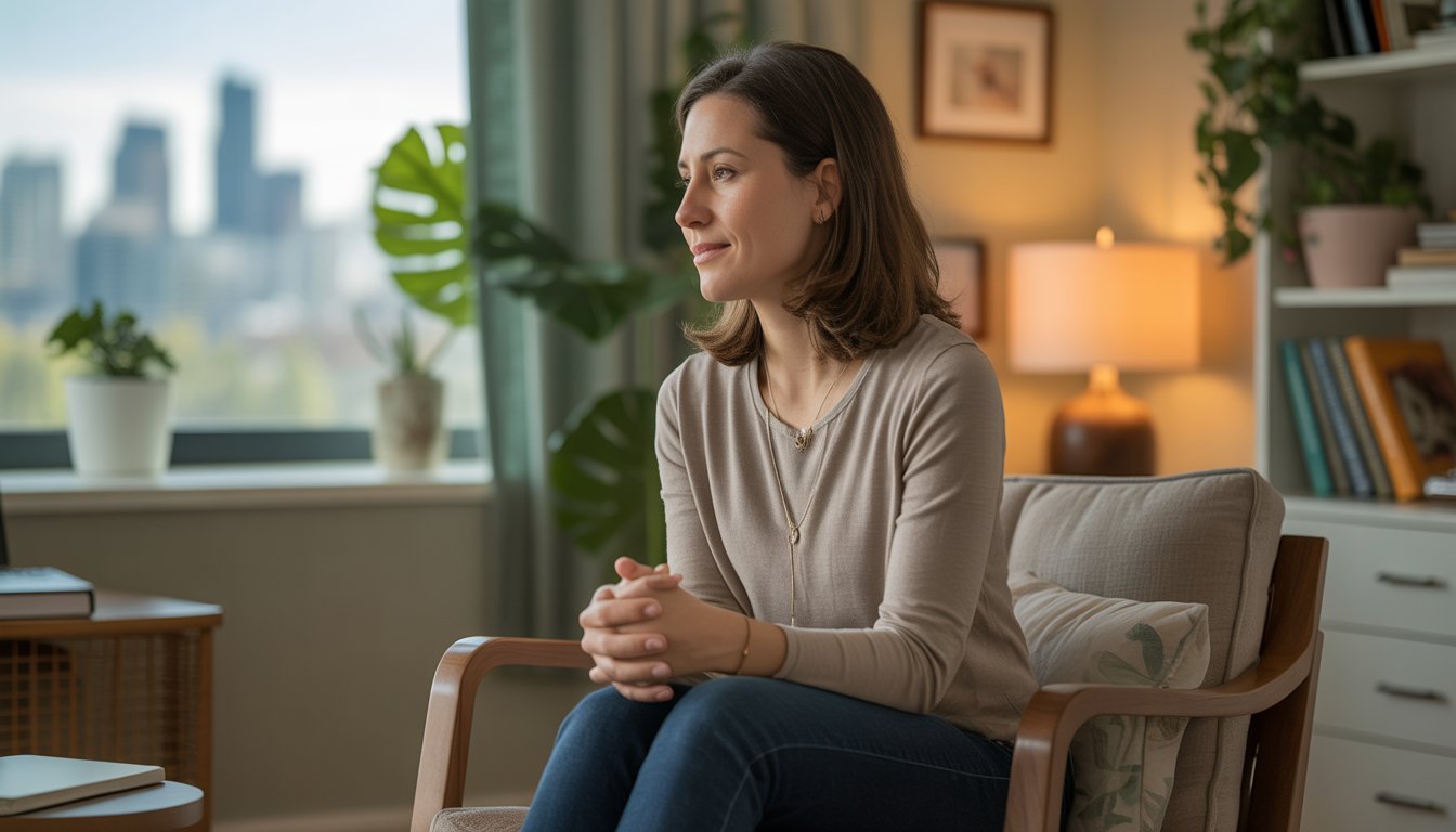 A female therapist listens attentively in a calm, warmly lit office with plants and a window showing a city view.
