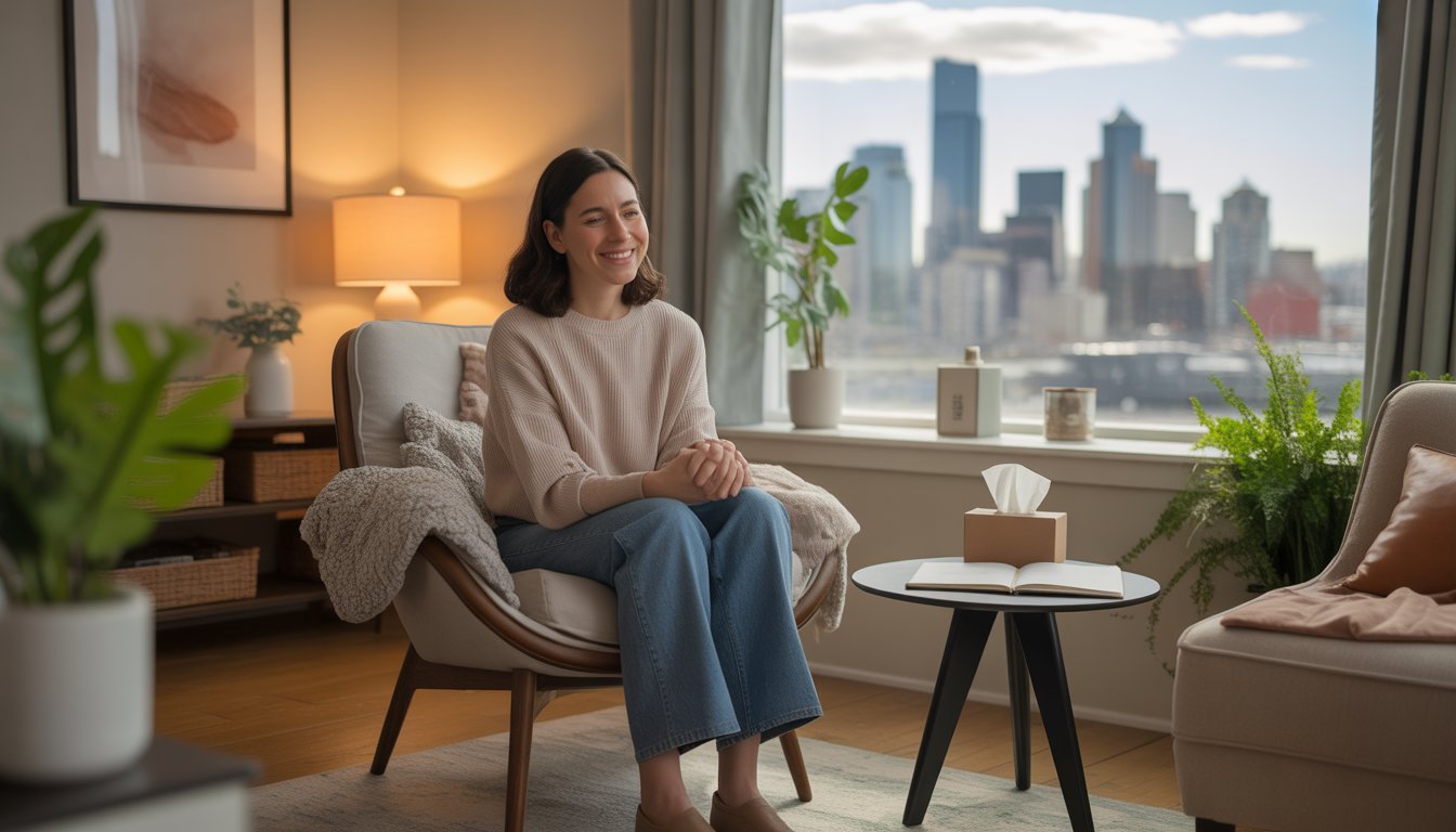 A female therapist sitting in a cozy office with a window showing Seattle's skyline, offering a supportive and caring presence.