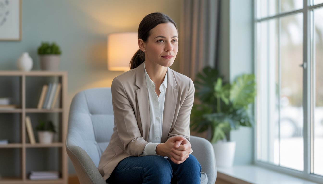 A female therapist sitting in a comfortable office, smiling gently in a calm and welcoming environment.