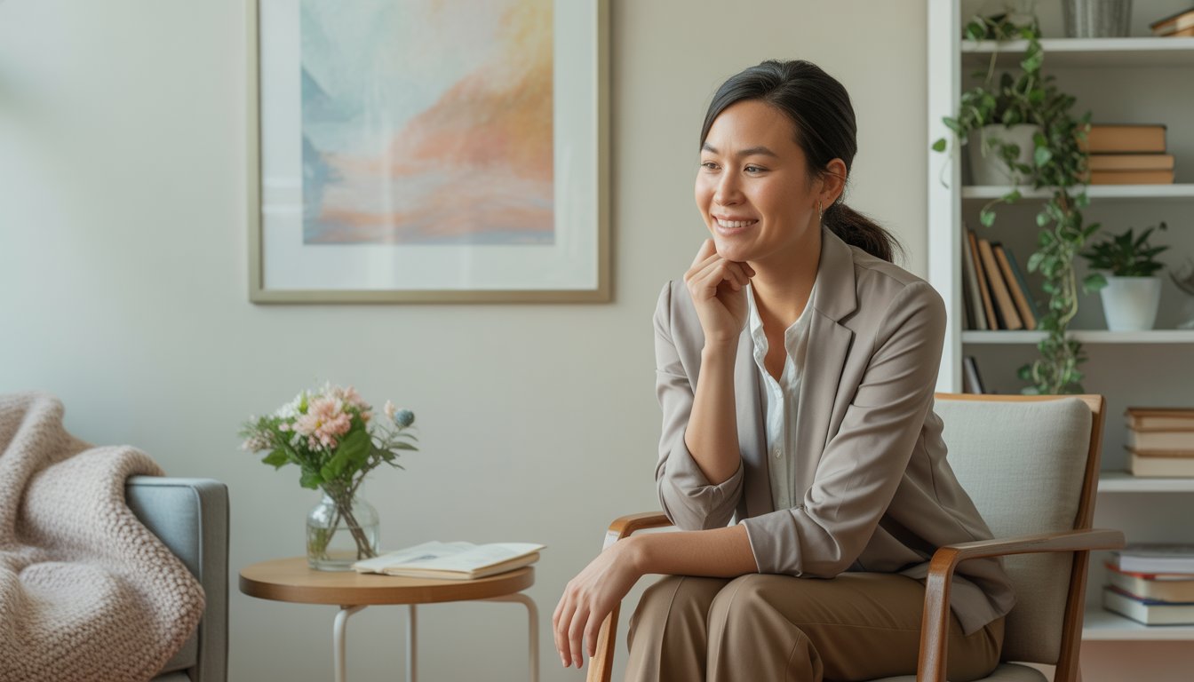A compassionate female therapist sitting in a bright office, attentively listening and smiling gently.