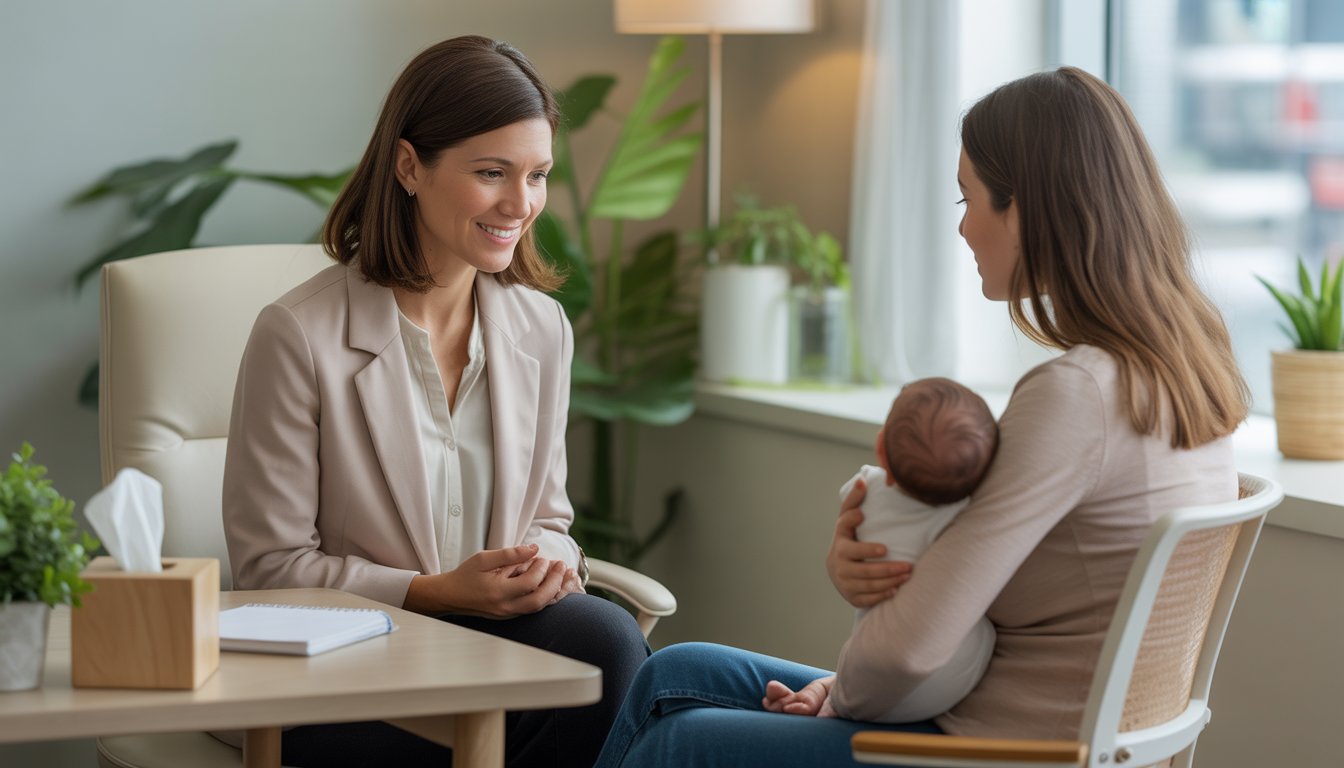 A female therapist talking supportively with a young mother holding her baby in a bright, calm office.