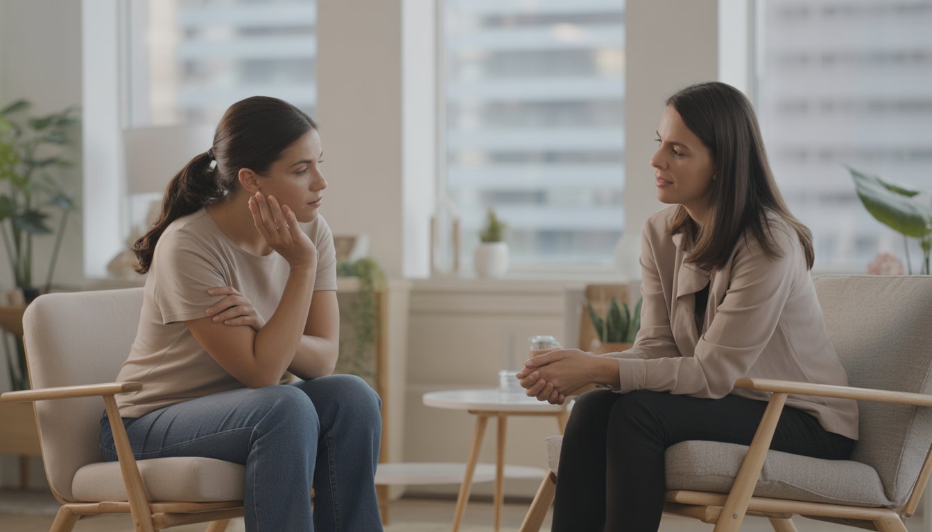 A female therapist attentively listening to a woman during a counseling session in a bright, comfortable therapy office.