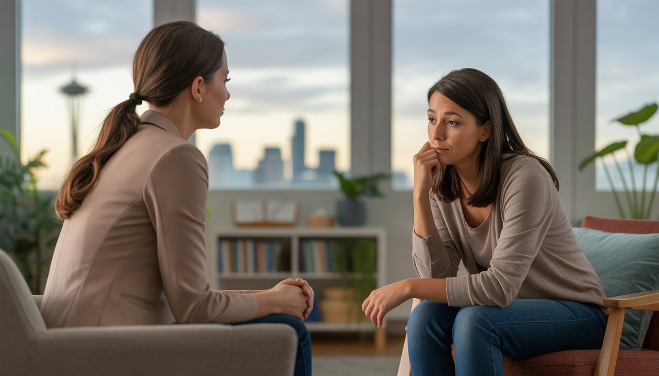 A therapist attentively listening to a woman in a comfortable office with a view of Seattle's skyline.