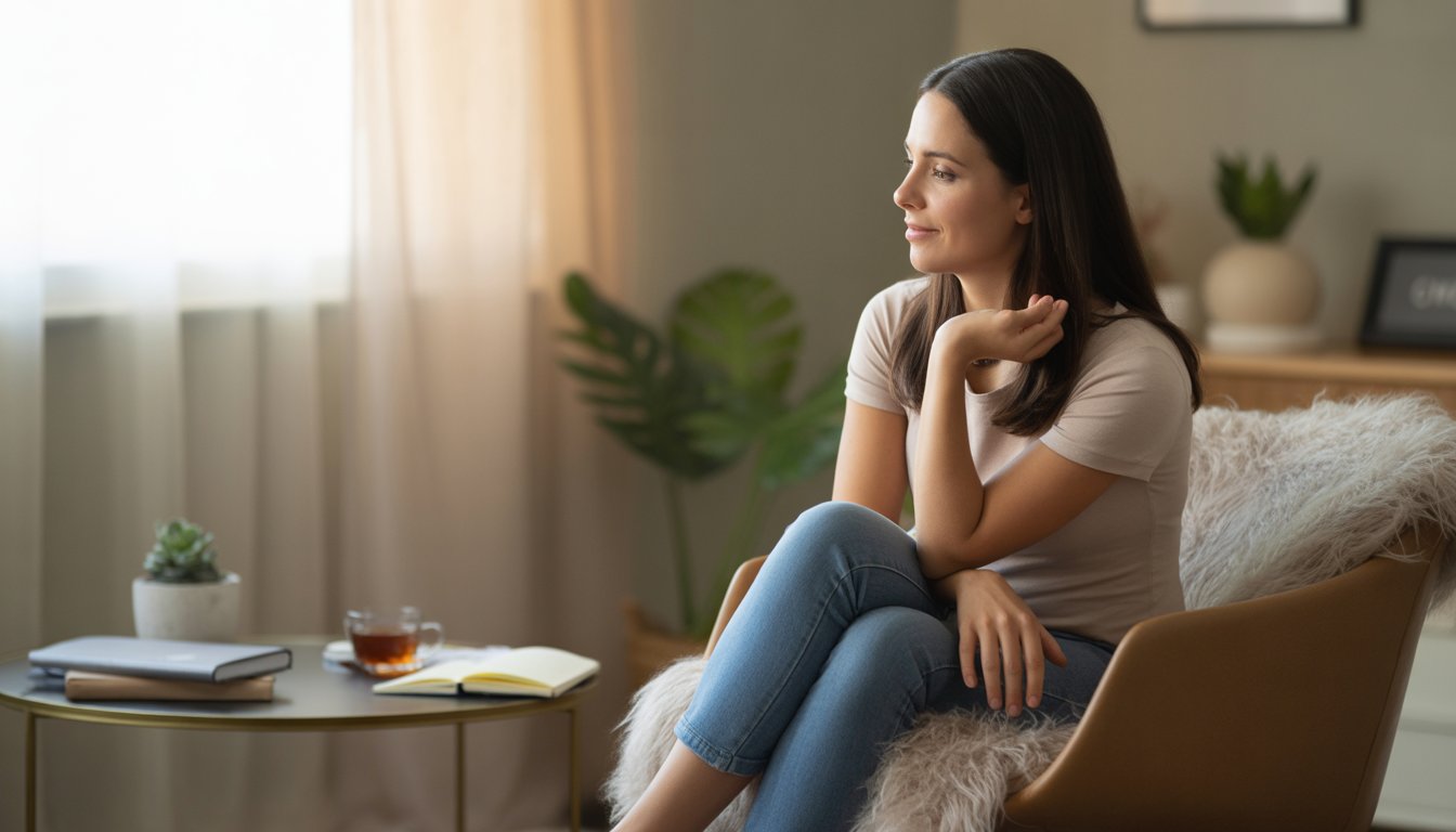 A female therapist attentively listening in a warm, cozy therapy room with soft lighting and calming decor.