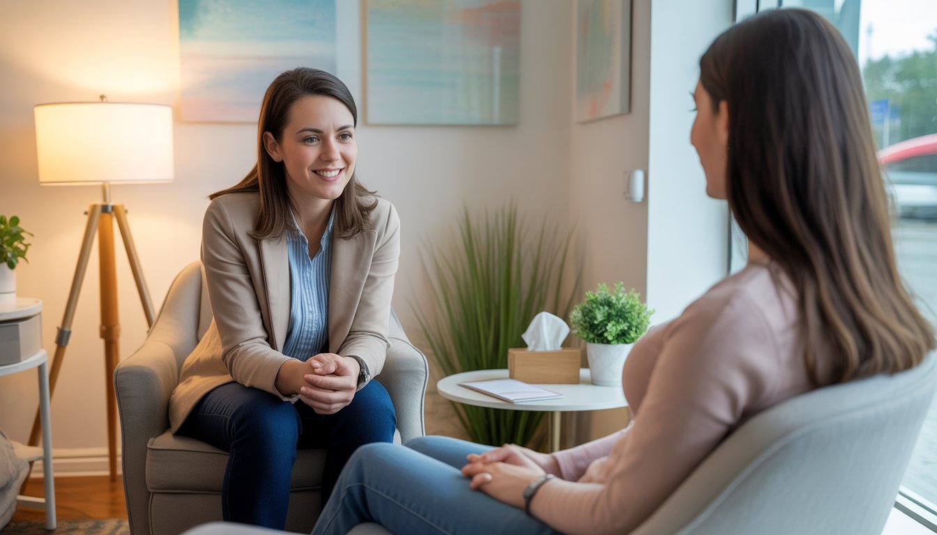 A licensed clinical social worker attentively talking with a woman in a bright, comfortable counseling room.