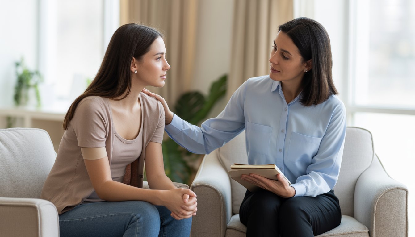 A therapist comforting a young woman during a counseling session in a bright, peaceful room.