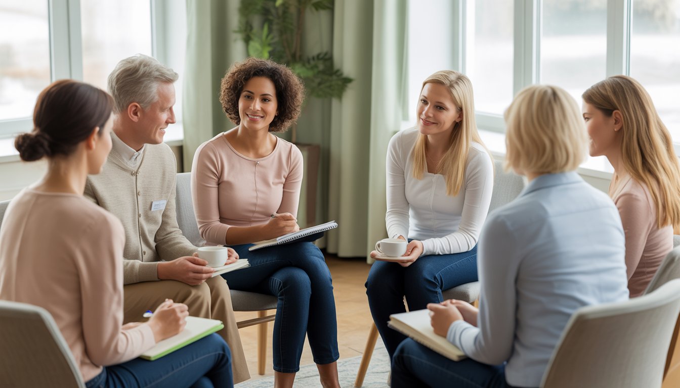 A group of adults sitting in a circle in a bright room, engaged in a supportive group therapy session.