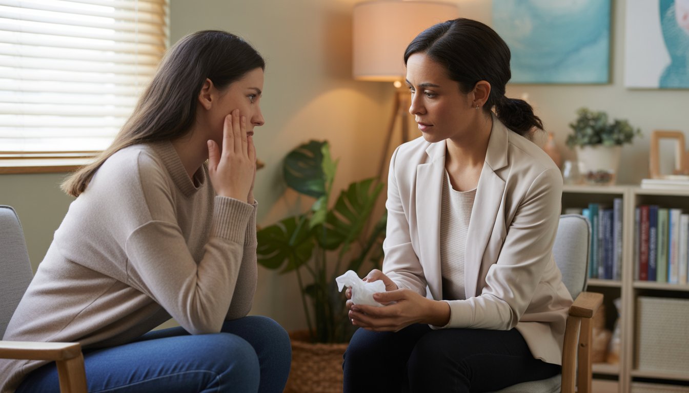 A female therapist attentively listening to an emotional woman during a grief support session in a cozy therapy office.