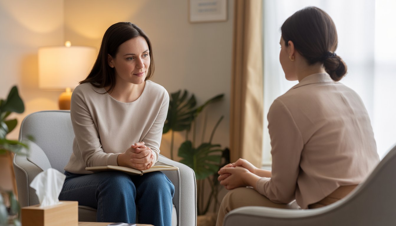 A therapist attentively listening to a client in a calm, softly lit therapy room with plants and tissues nearby.