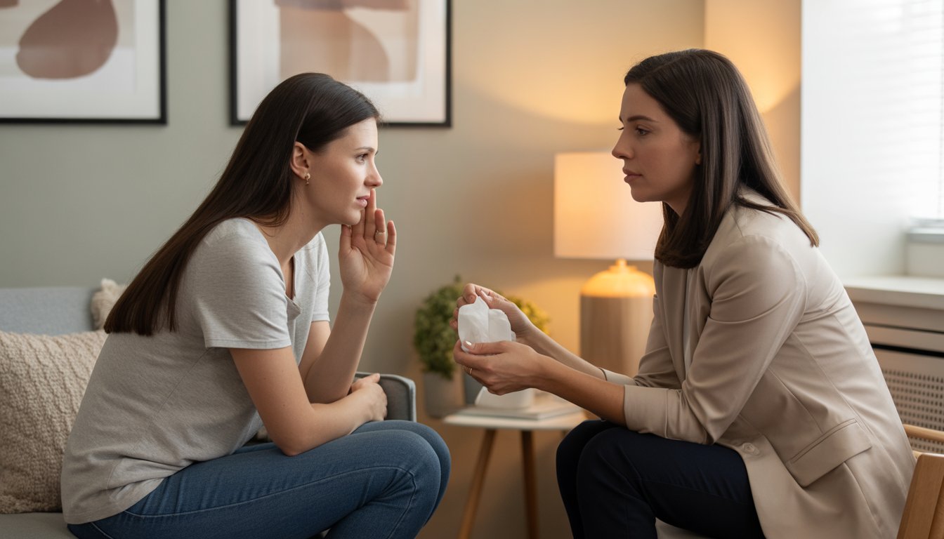 A therapist attentively listening to a young woman in a counseling office, providing support during a therapy session.