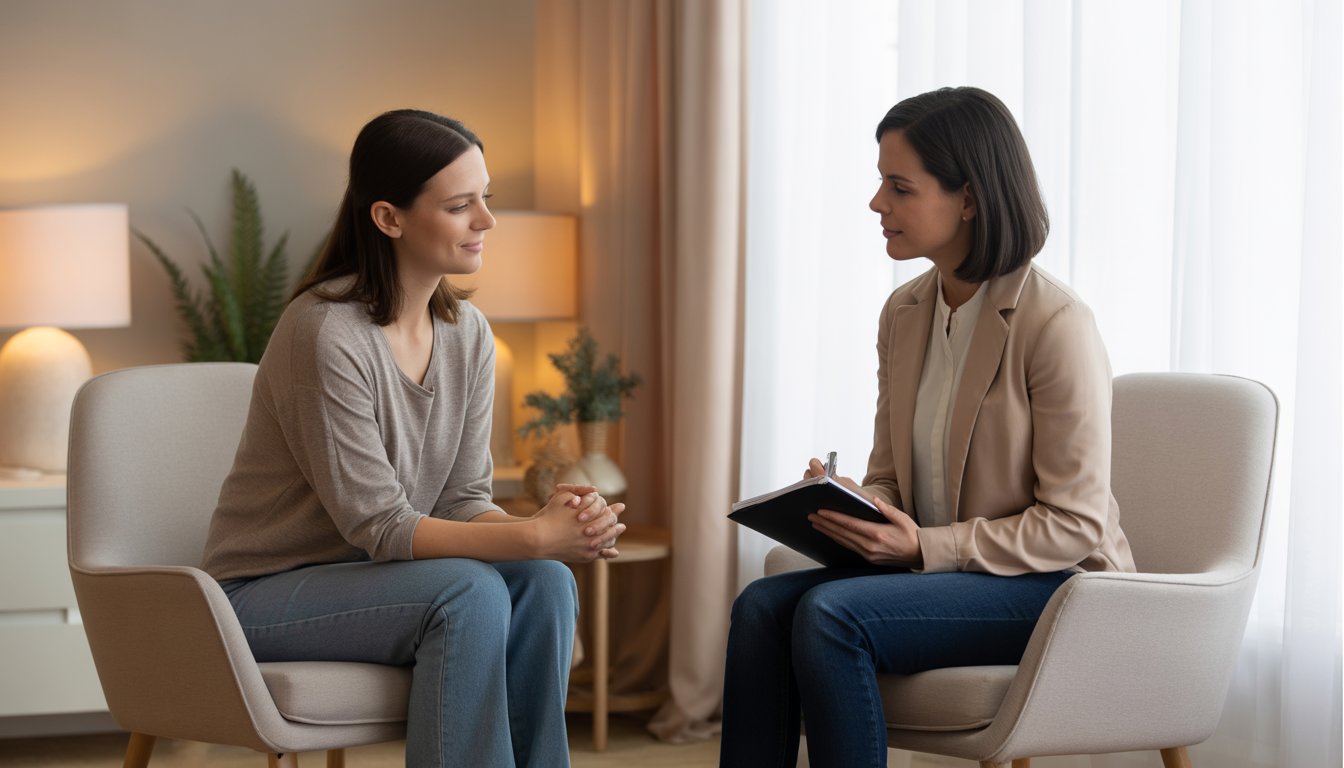 A woman receiving compassionate counseling from a female therapist in a calm, comfortable therapy room.
