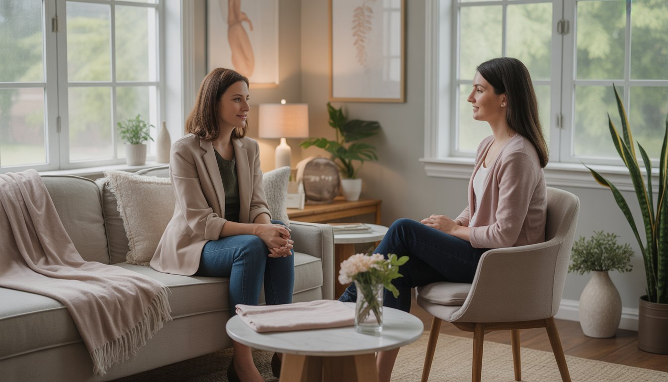 A female therapist sitting with a female client in a calm therapy office, offering support during prenatal and postpartum care.
