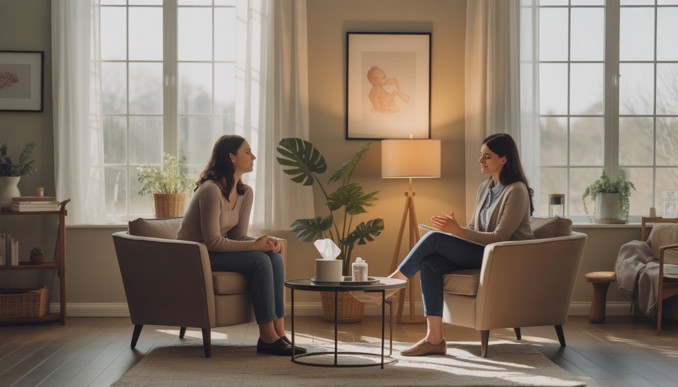 Two therapists talking supportively with a woman in a softly lit counseling office.