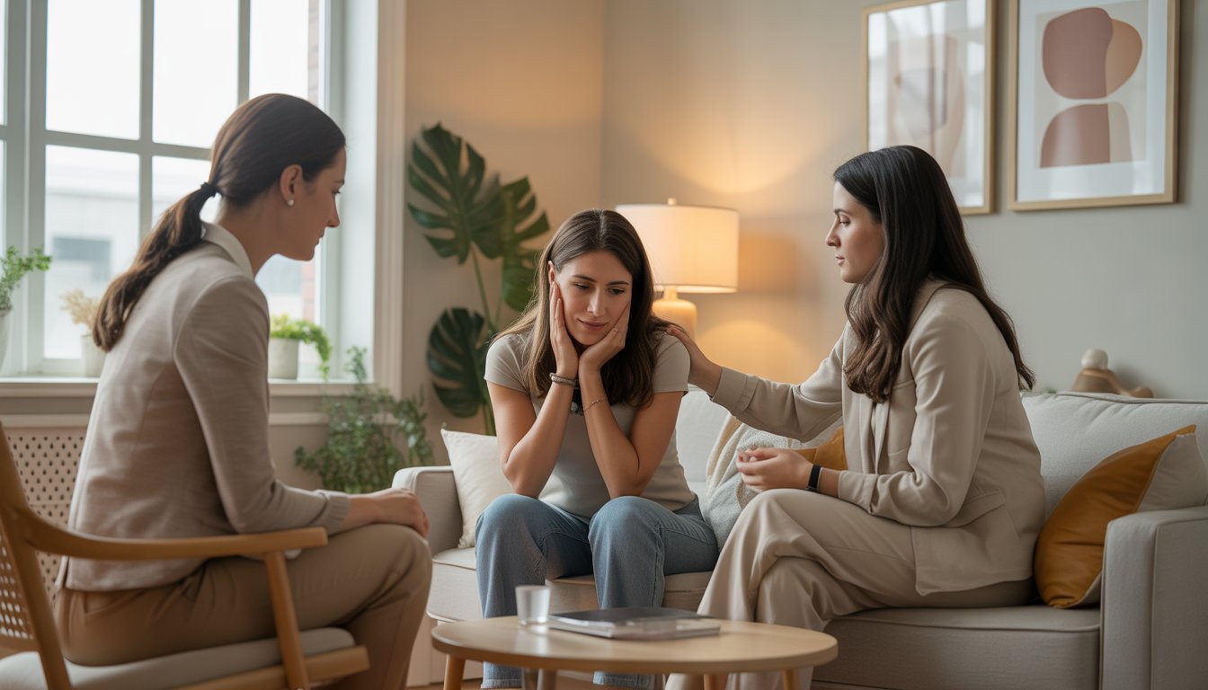 Two therapists supporting a woman in a warm, inviting therapy office with natural light and calming decor.
