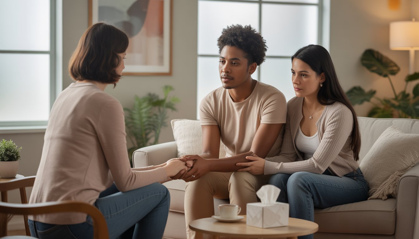 A therapist attentively listening to a couple in a cozy counseling office, offering support during pregnancy and infertility struggles.
