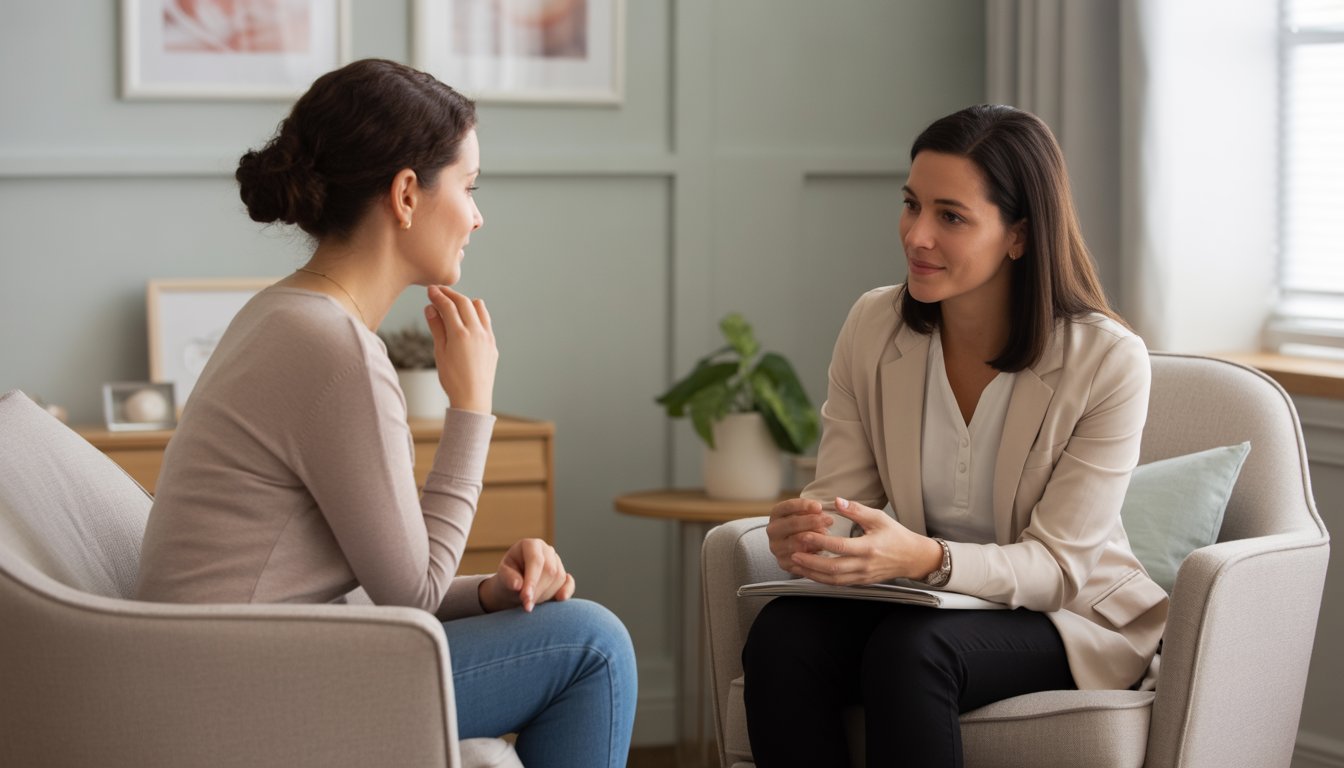 A female therapist attentively listening to a woman in a calm, well-lit therapy office.