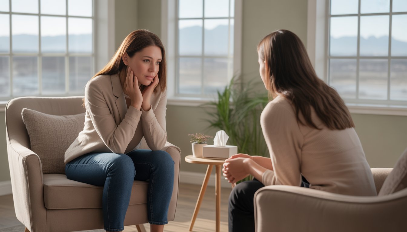 A female therapist attentively listening to an emotional woman in a bright counseling office with a view of Denver mountains.